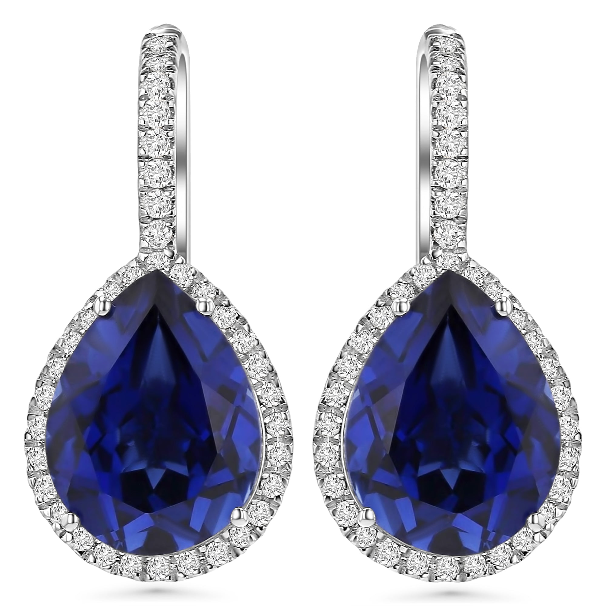 Earrings Blue Pear Drop Round Diamonds Around