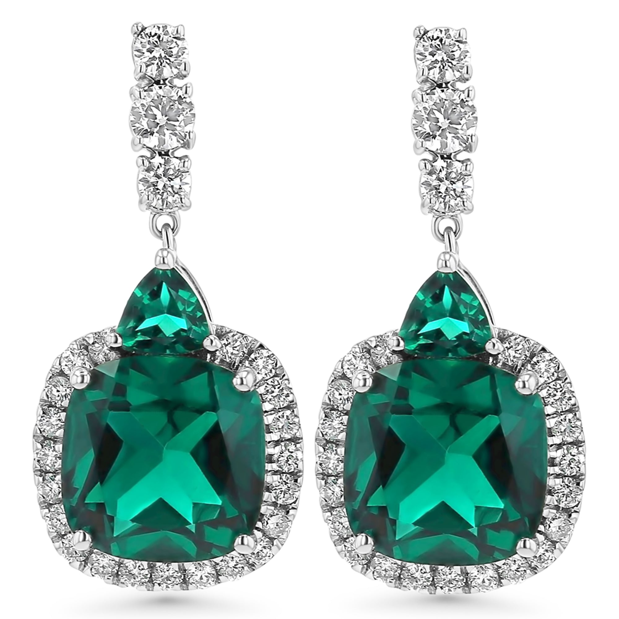 Dangle Green Cushion/Trillian with Round Diamonds Around Earrings