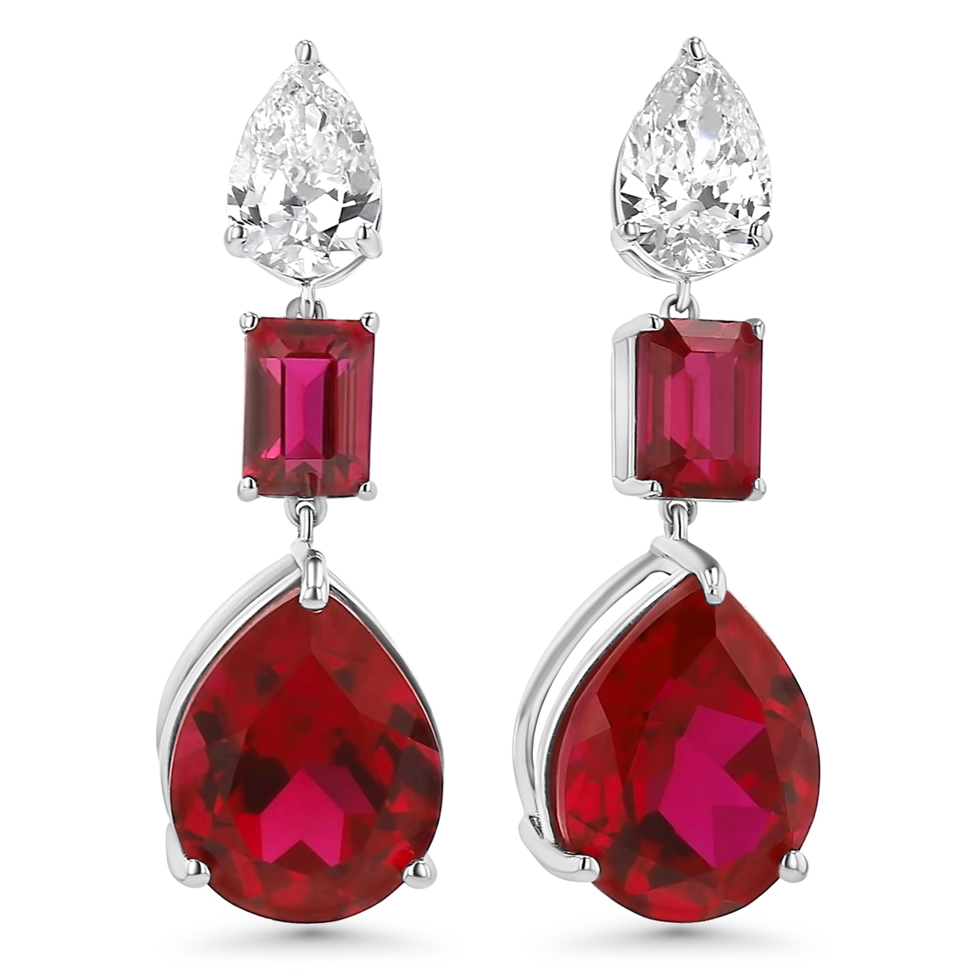 Pear-Emerald-Pear Drop Red Ruby Earrings