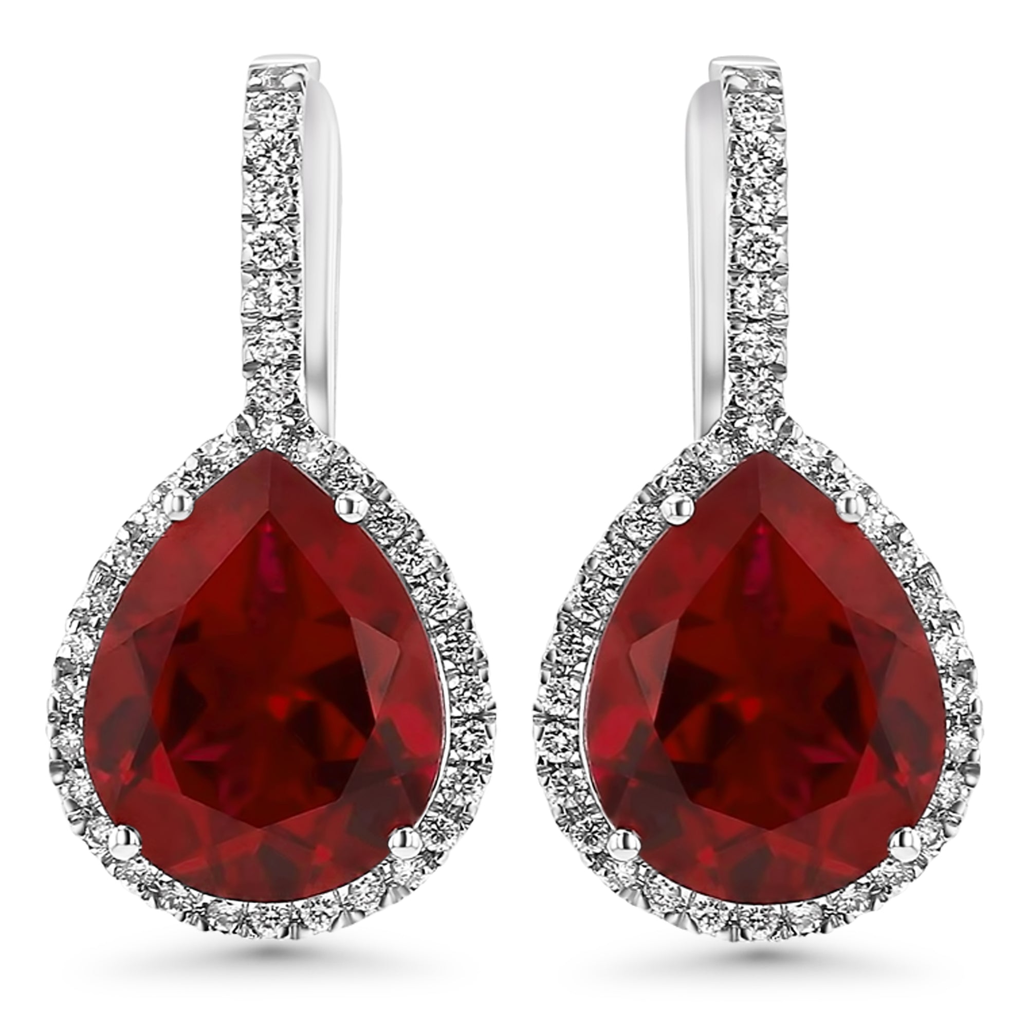 Earrings Red Ruby Pear Drop Round Diamonds Around