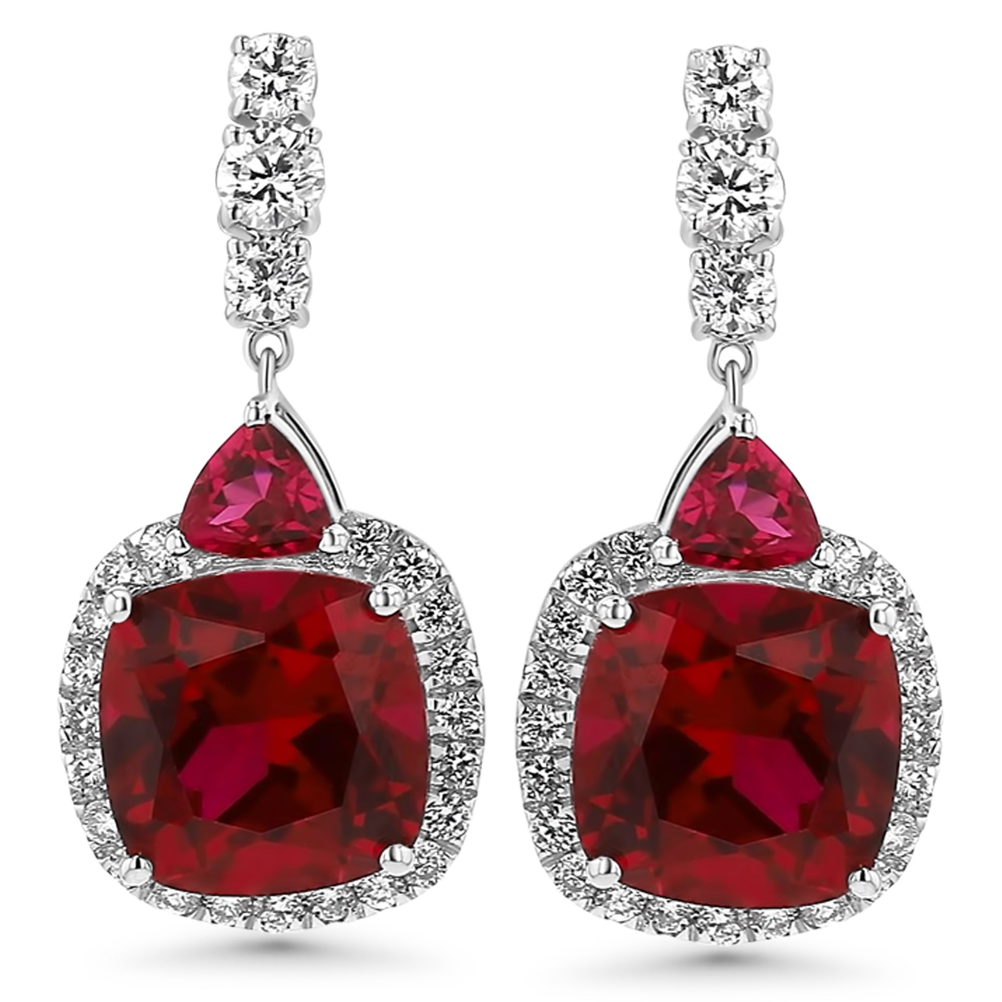 Ruby Cushion Trilliant Dangle Earrings