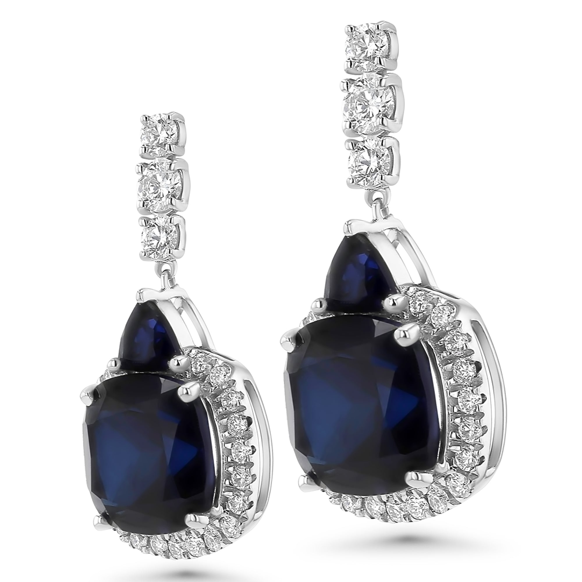 Blue Cushion/Trillian Round Dangle Earrings