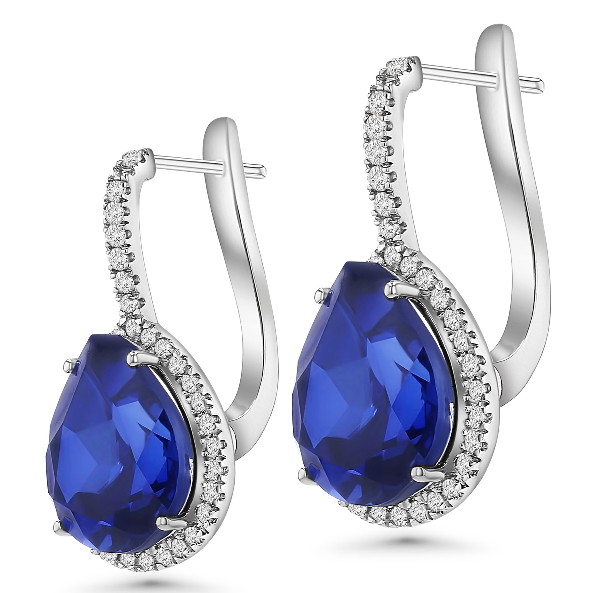 Earrings Blue Pear Drop Round Diamonds Around