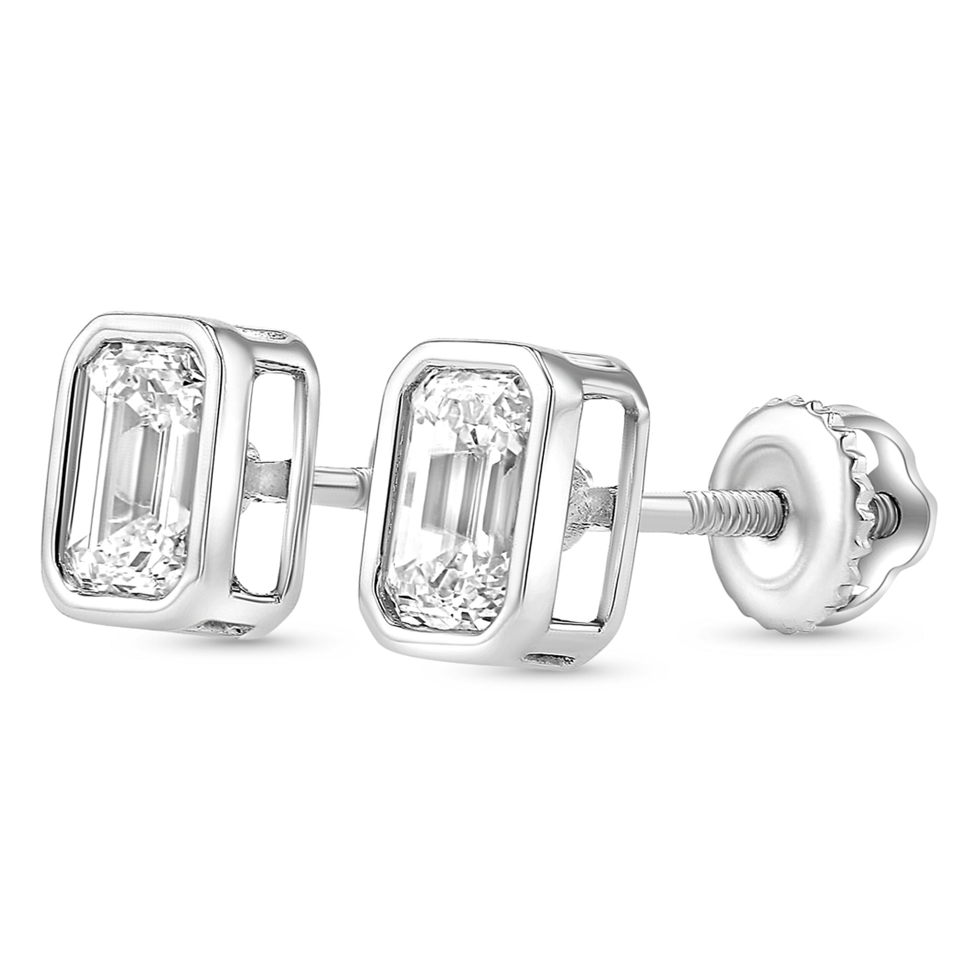 Emerald Cut Bezel Stud Earrings 1 CTW