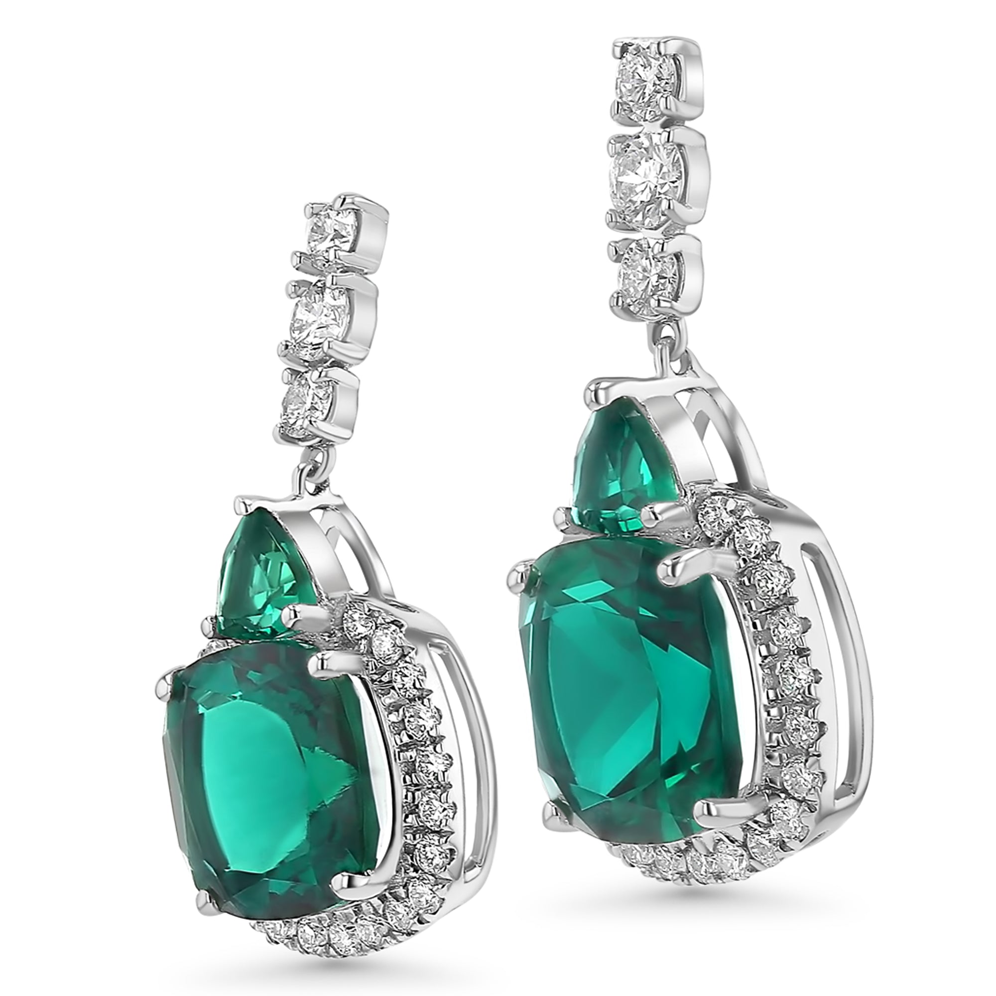 Dangle Green Cushion/Trillian with Round Diamonds Around Earrings