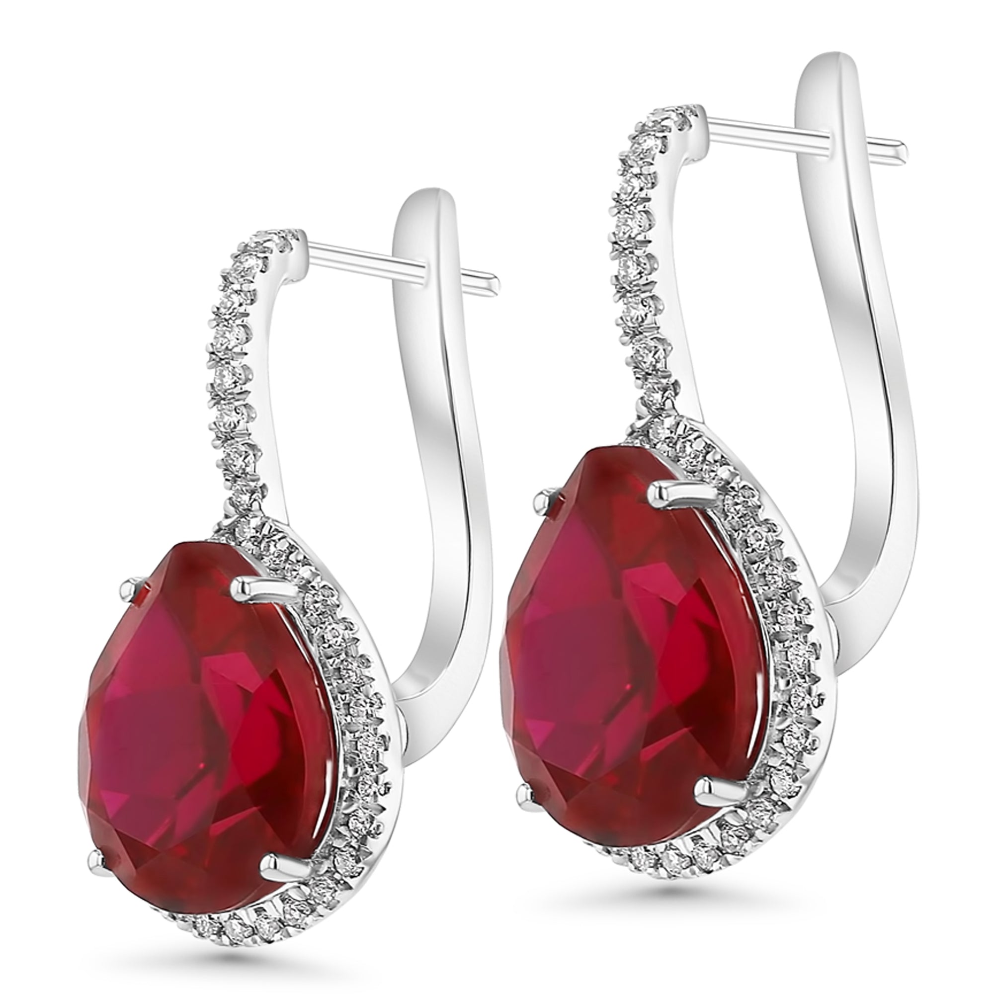 Earrings Red Ruby Pear Drop Round Diamonds Around