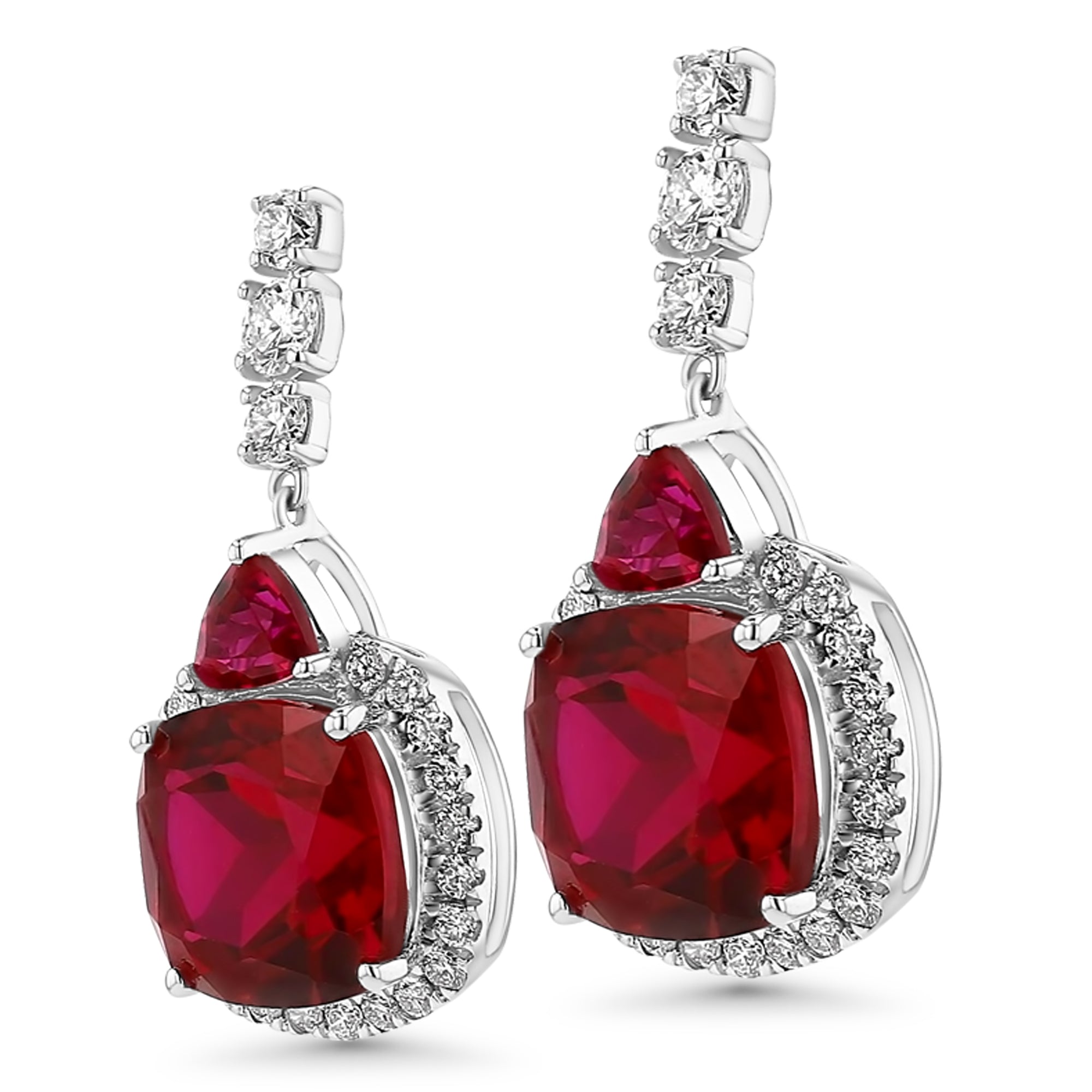 Ruby Cushion Trilliant Dangle Earrings