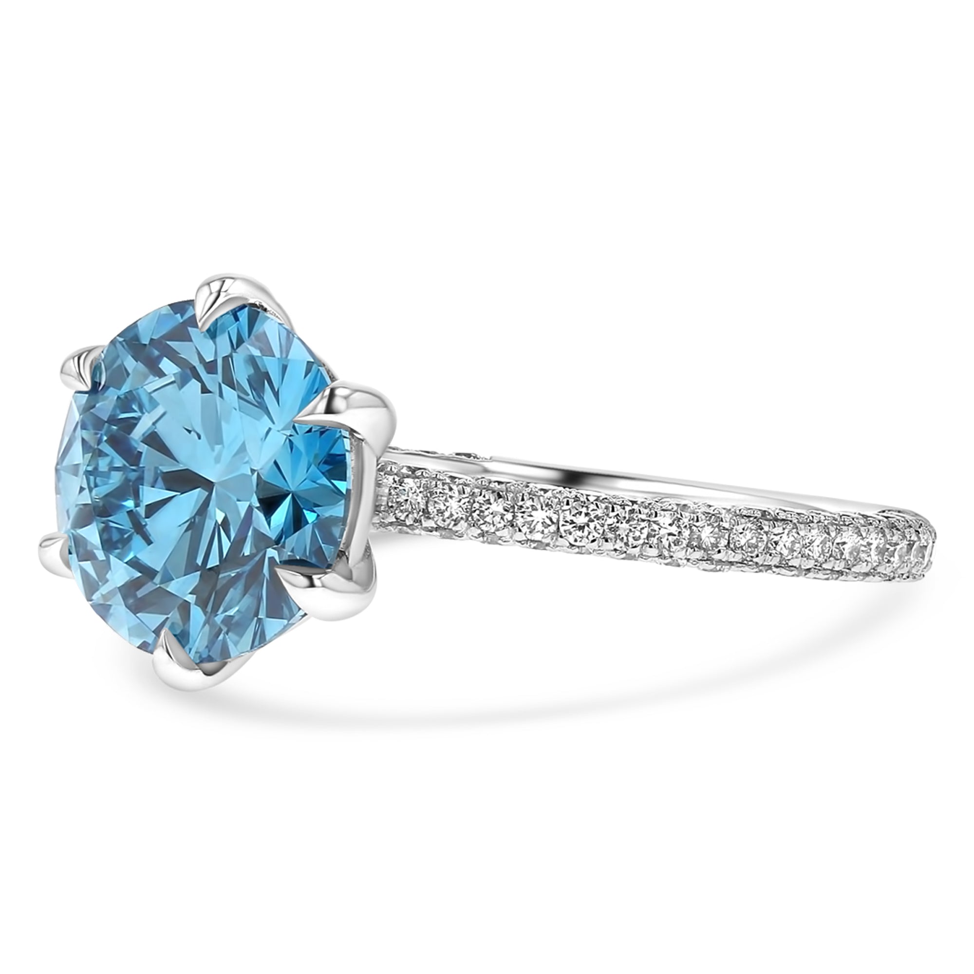 6 Prong Set Fancy Vivid Blue Diamond Solitare Pave Band 3.01 Carat
