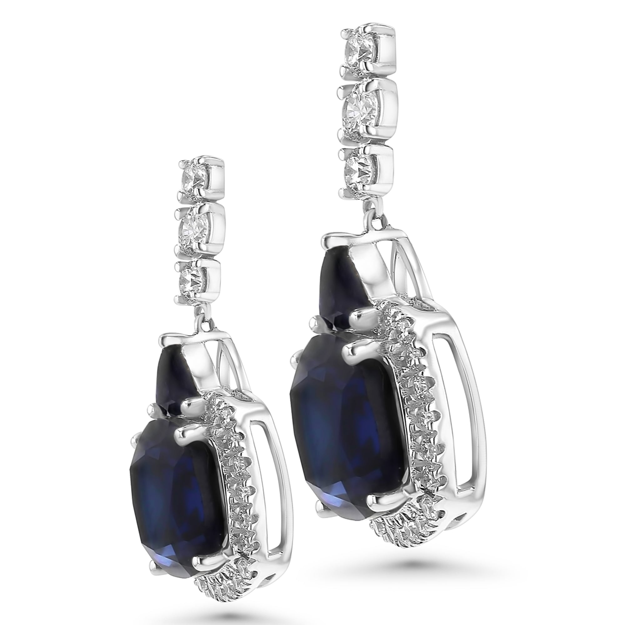 Blue Cushion/Trillian Round Dangle Earrings