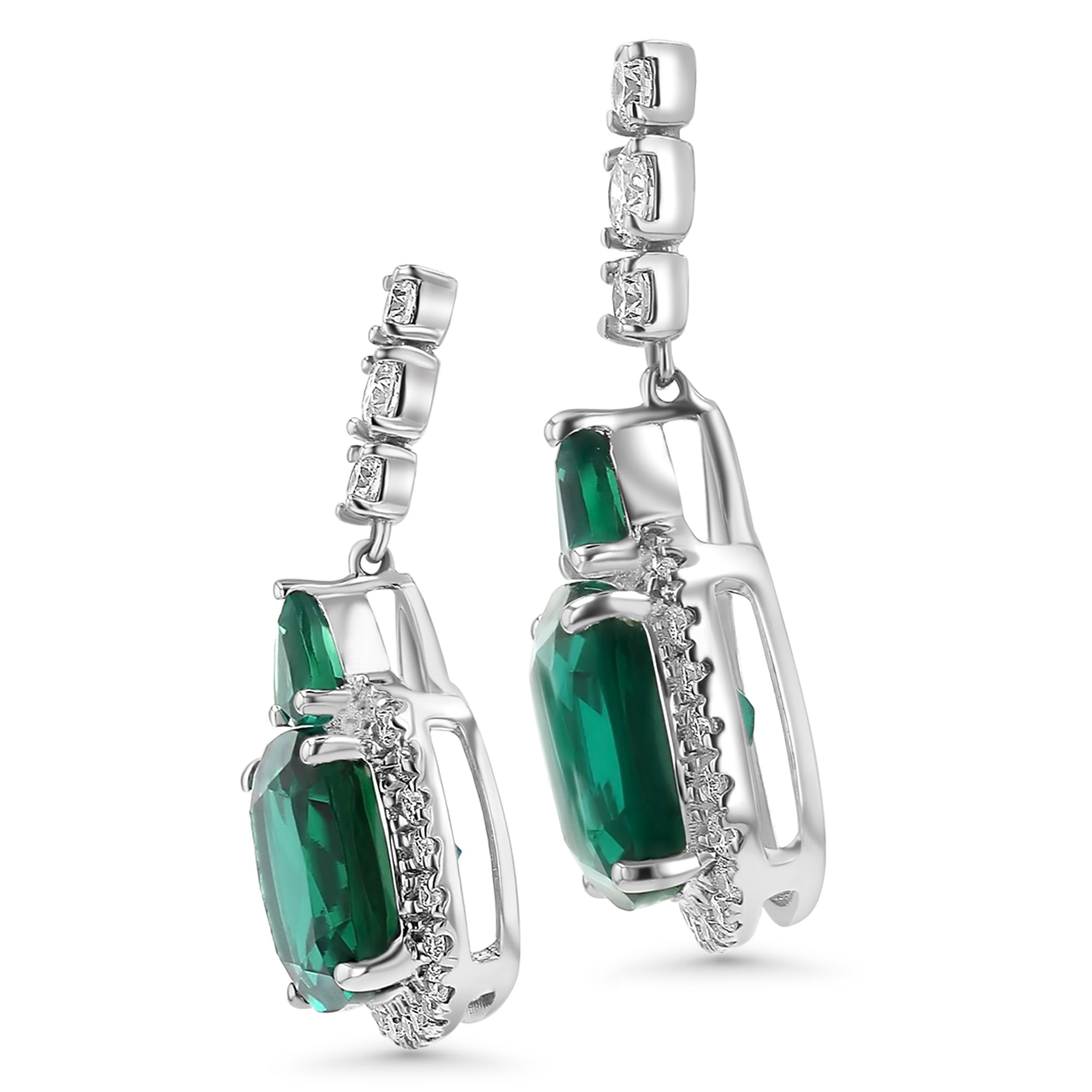 Dangle Green Cushion/Trillian with Round Diamonds Around Earrings