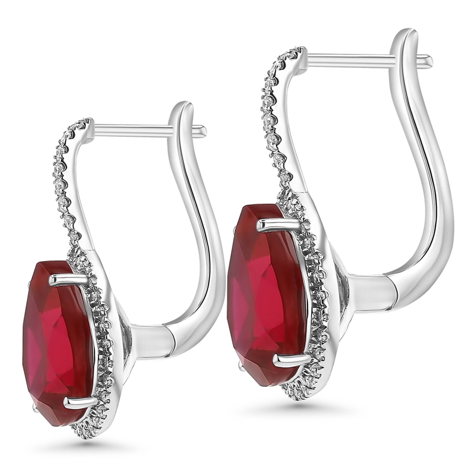 Earrings Red Ruby Pear Drop Round Diamonds Around