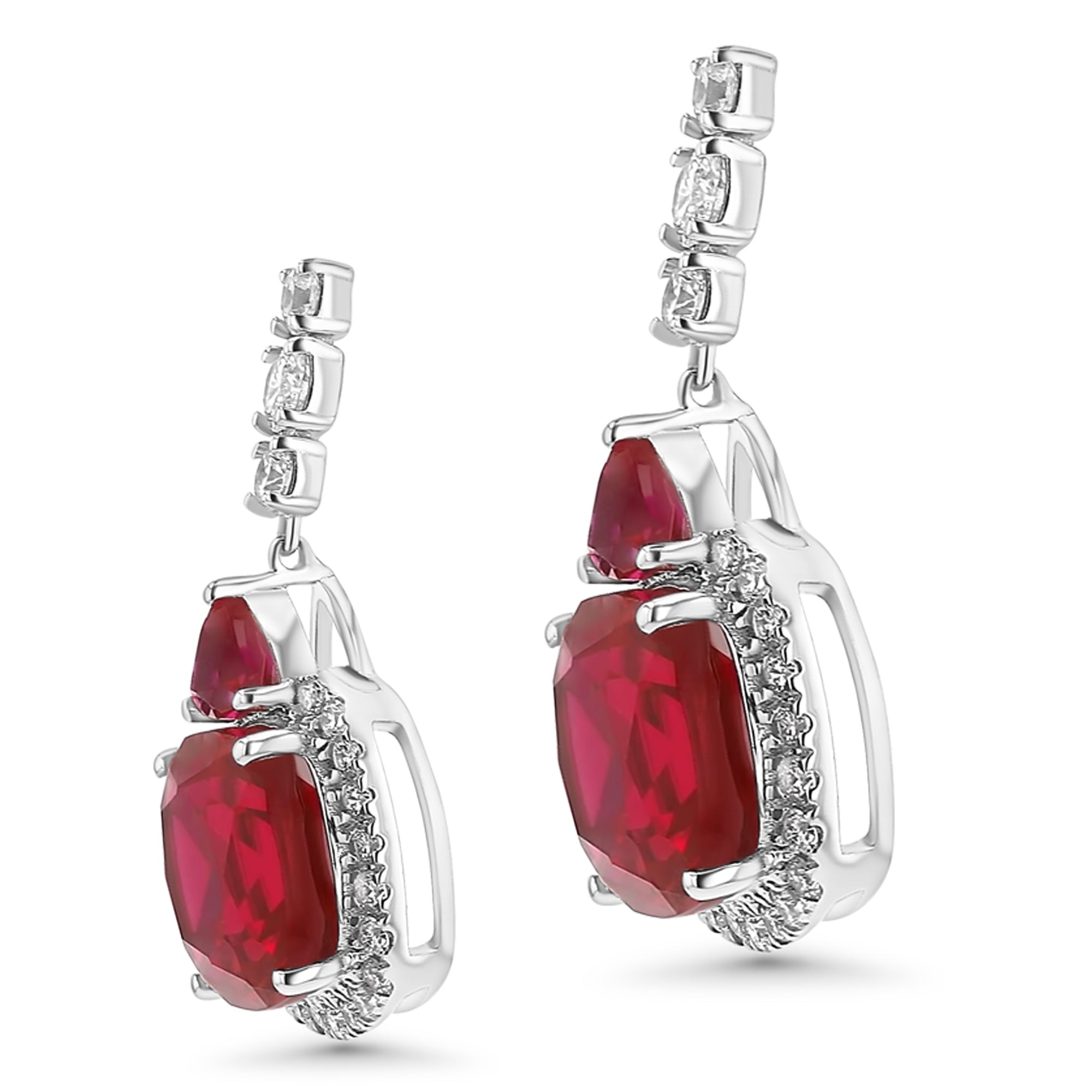 Ruby Cushion Trilliant Dangle Earrings