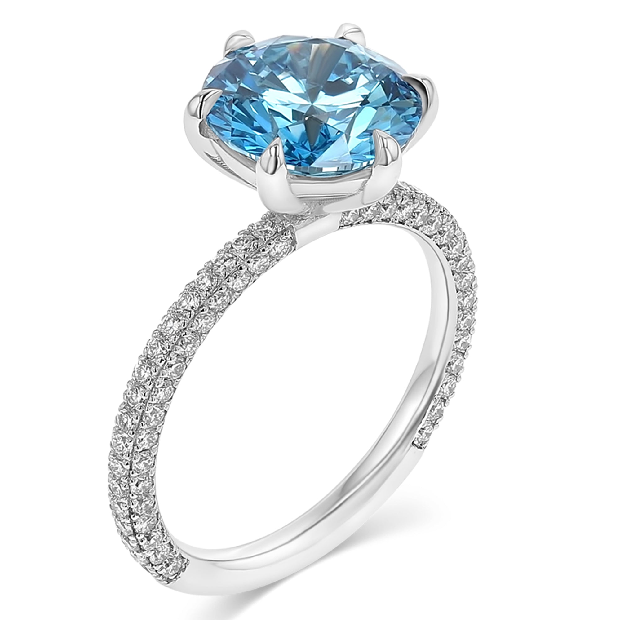 6 Prong Set Fancy Vivid Blue Diamond Solitare Pave Band 3.01 Carat