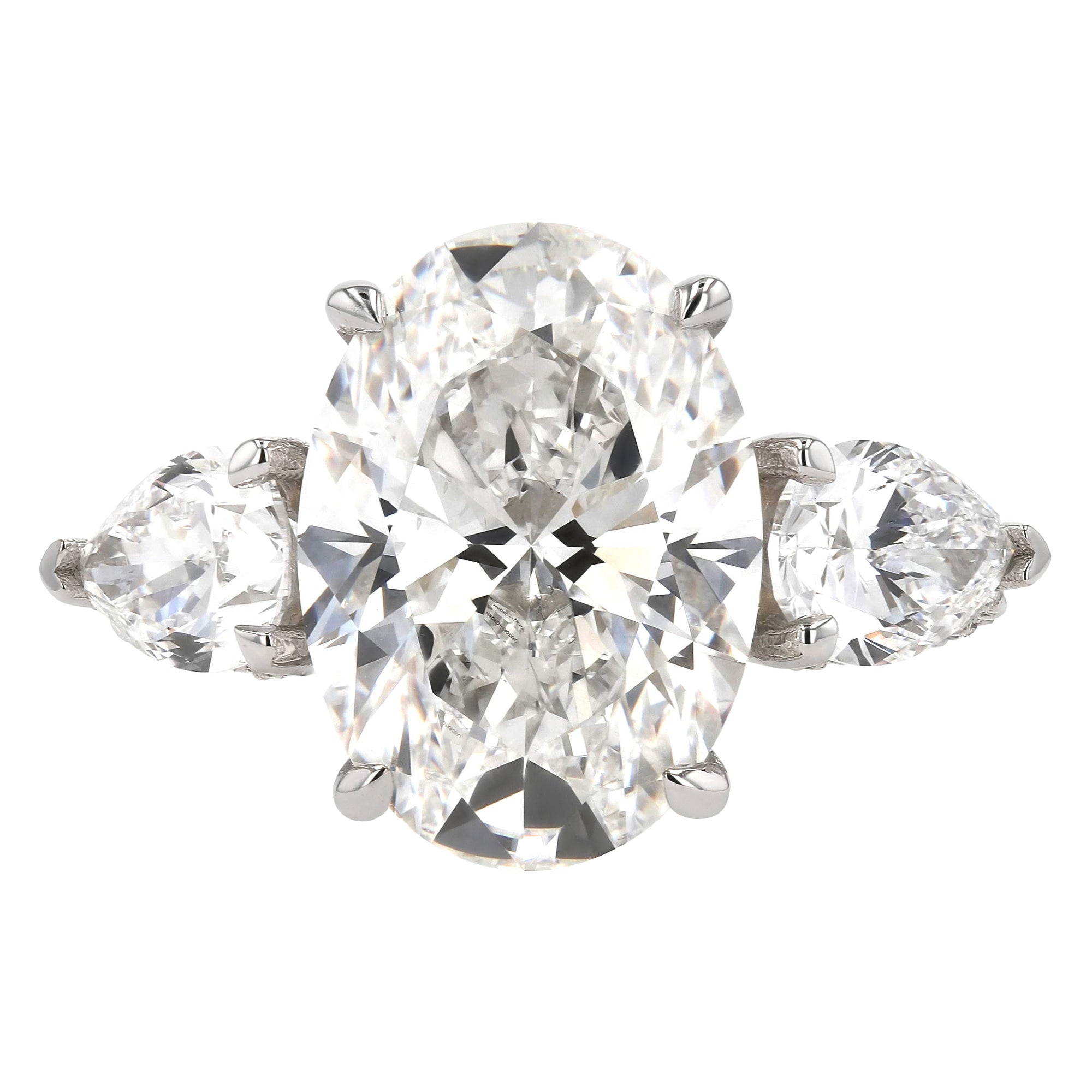 Three Stone Oval Pear Three Row Prong Set Ring 7.01Ct