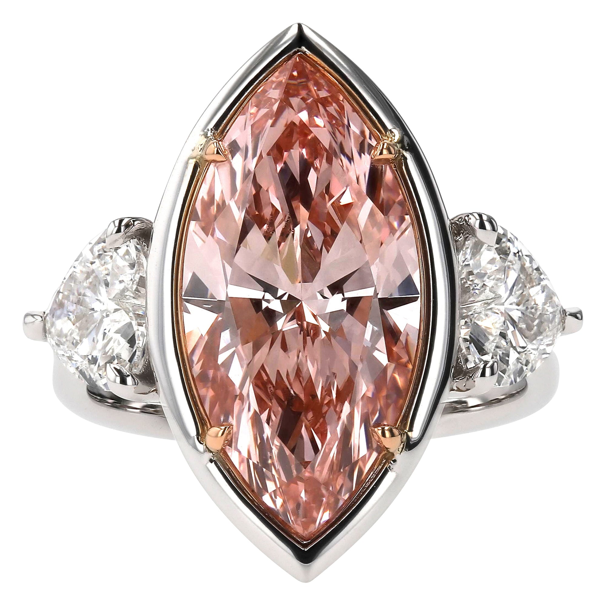 Three Stone Pink Marquise Center Heart Side Stone Ring
