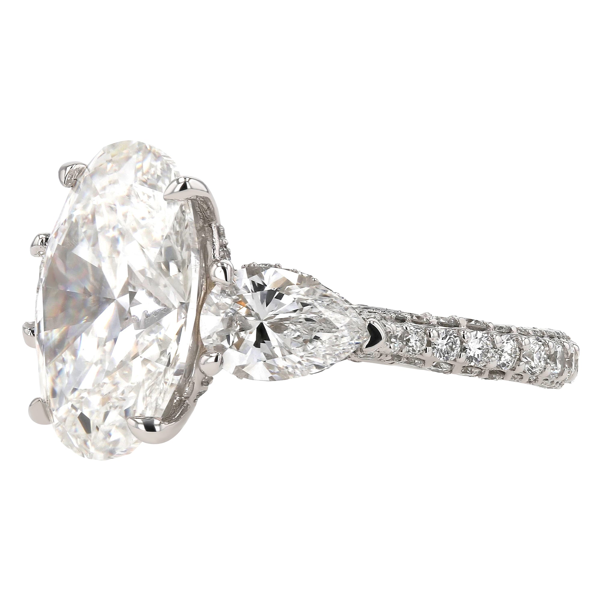 Three Stone Oval Pear Three Row Prong Set Ring 7.01Ct