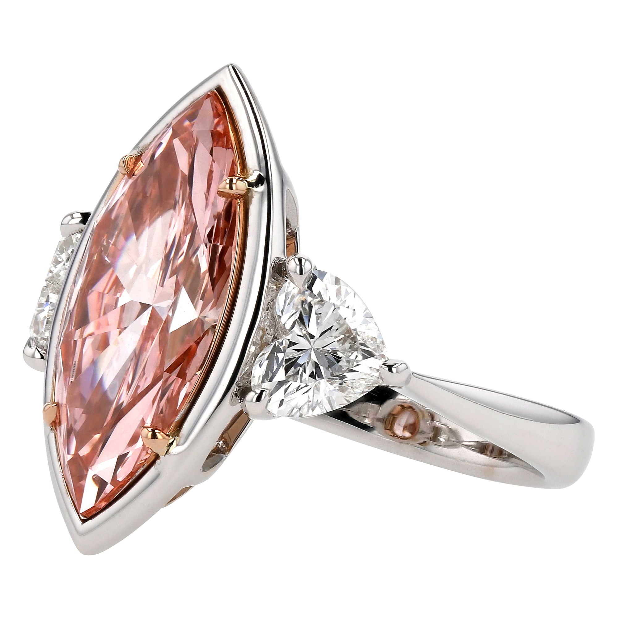 Three Stone Pink Marquise Center Heart Side Stone Ring