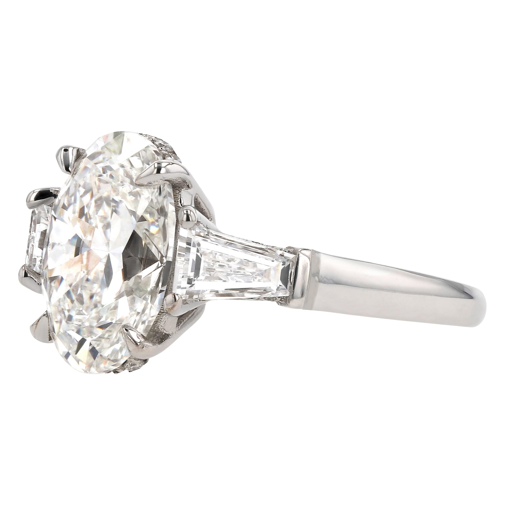 Three Stone Oval Taper Baguette Side Stone Ring 4.06Ct