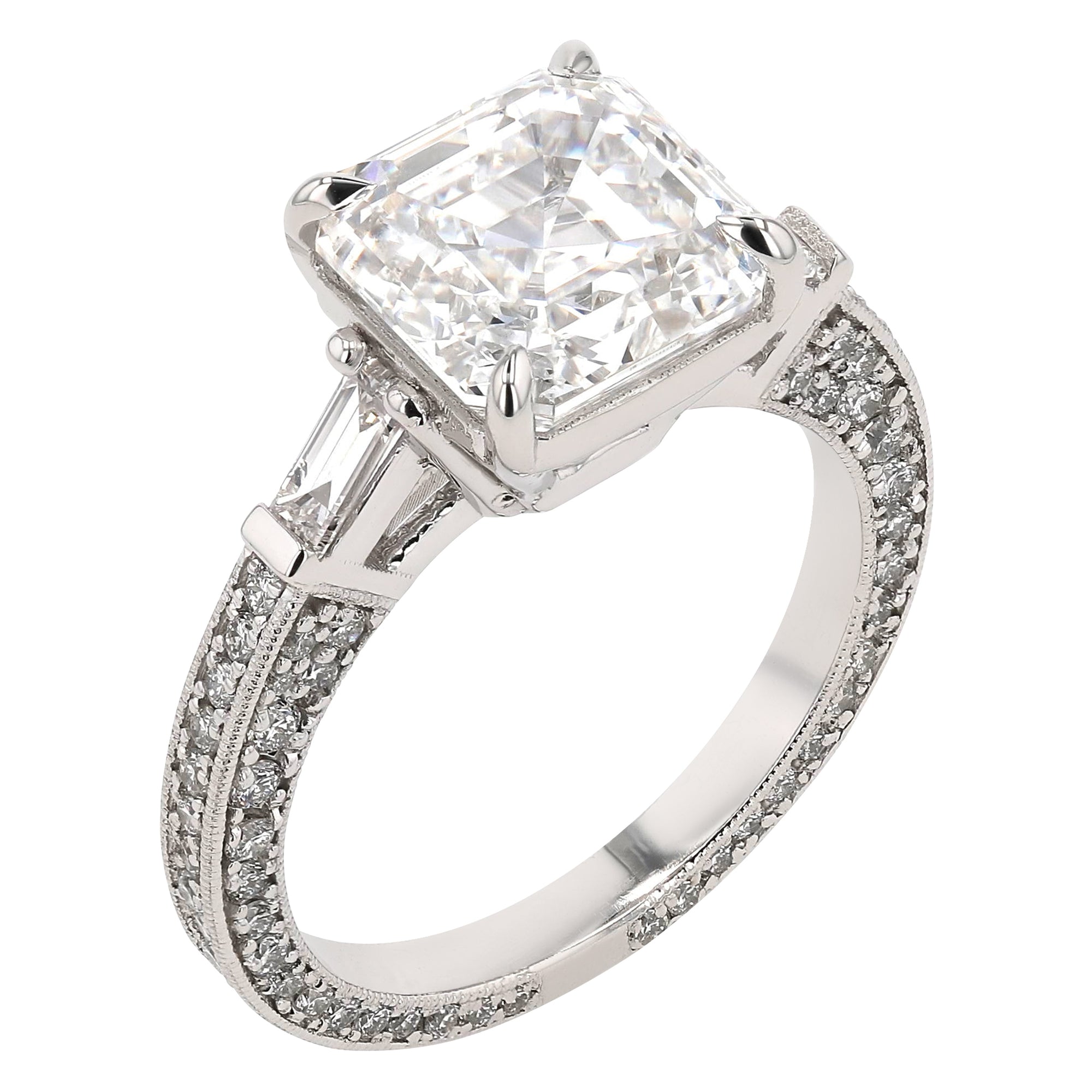 Three Stone Baguette Three Row Prong Set Ring 4.22Ct