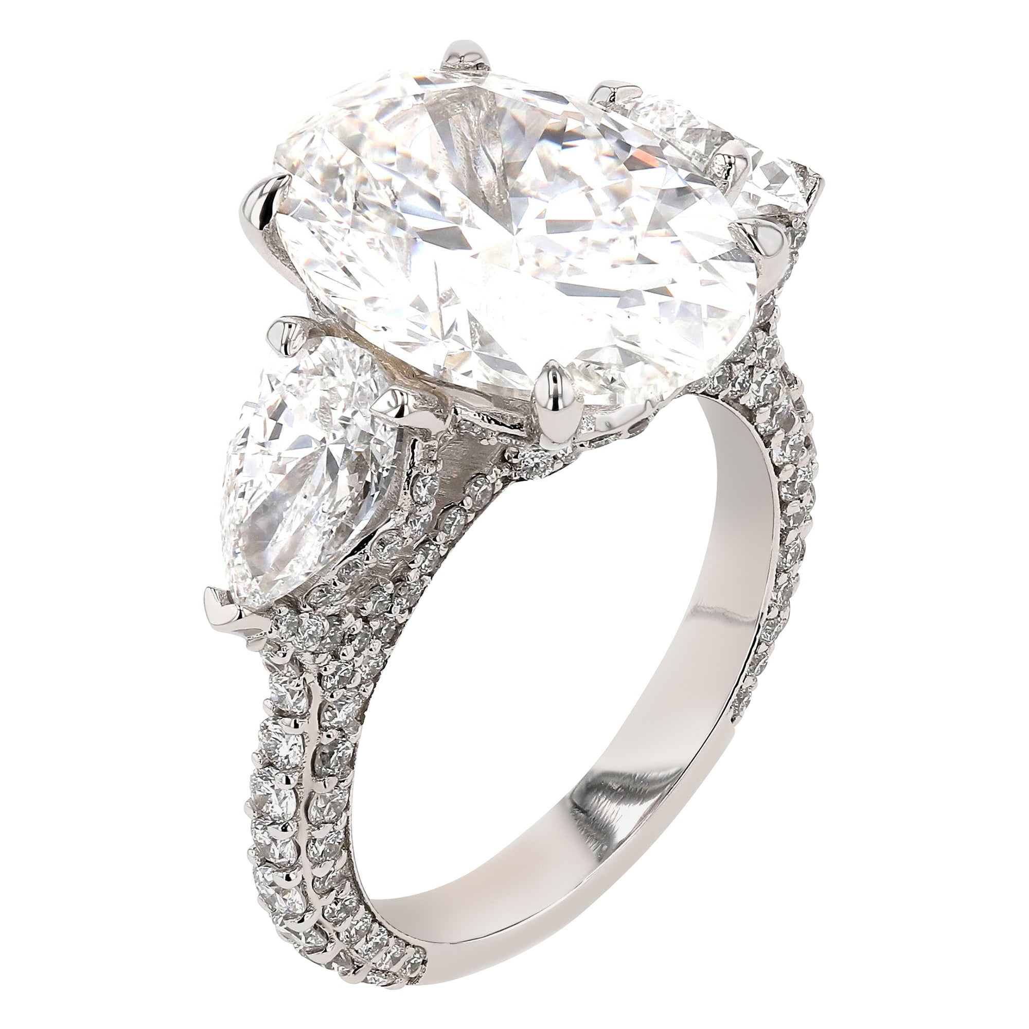 Three Stone Oval Pear Three Row Prong Set Ring 7.01Ct