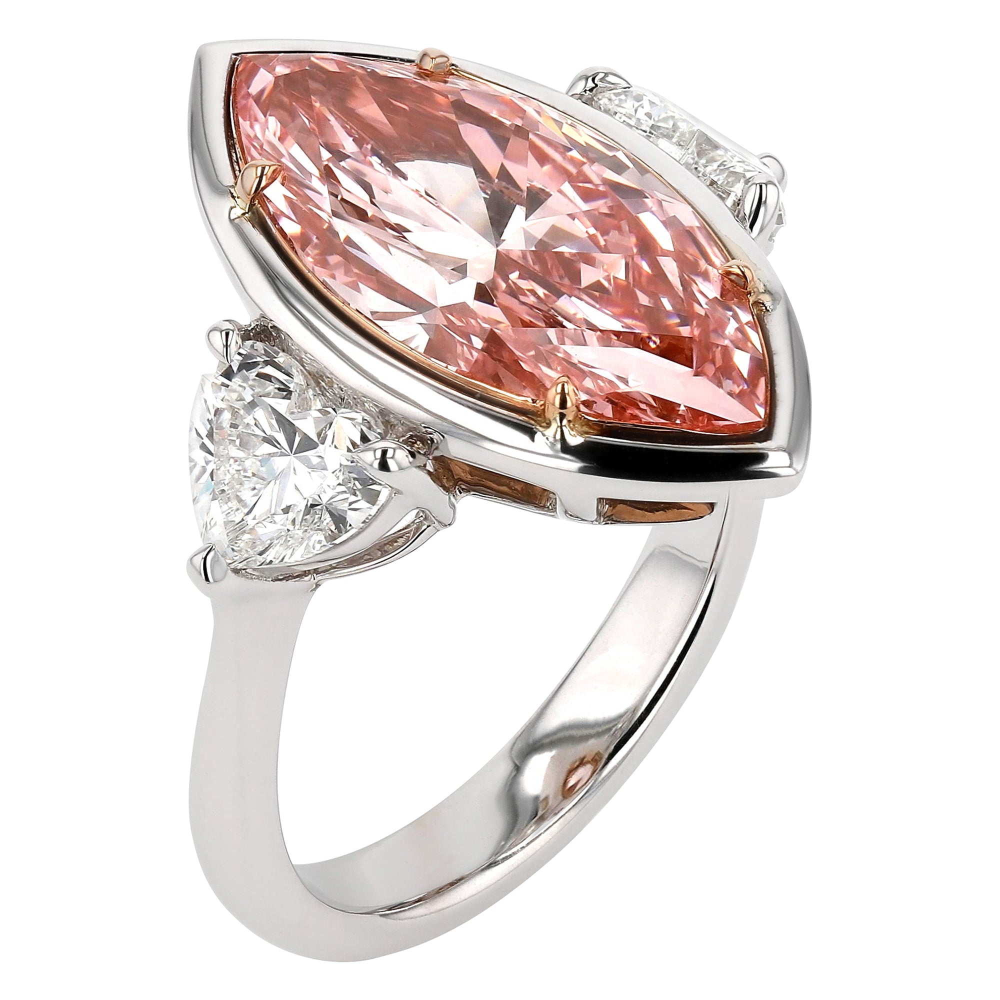Three Stone Pink Marquise Center Heart Side Stone Ring