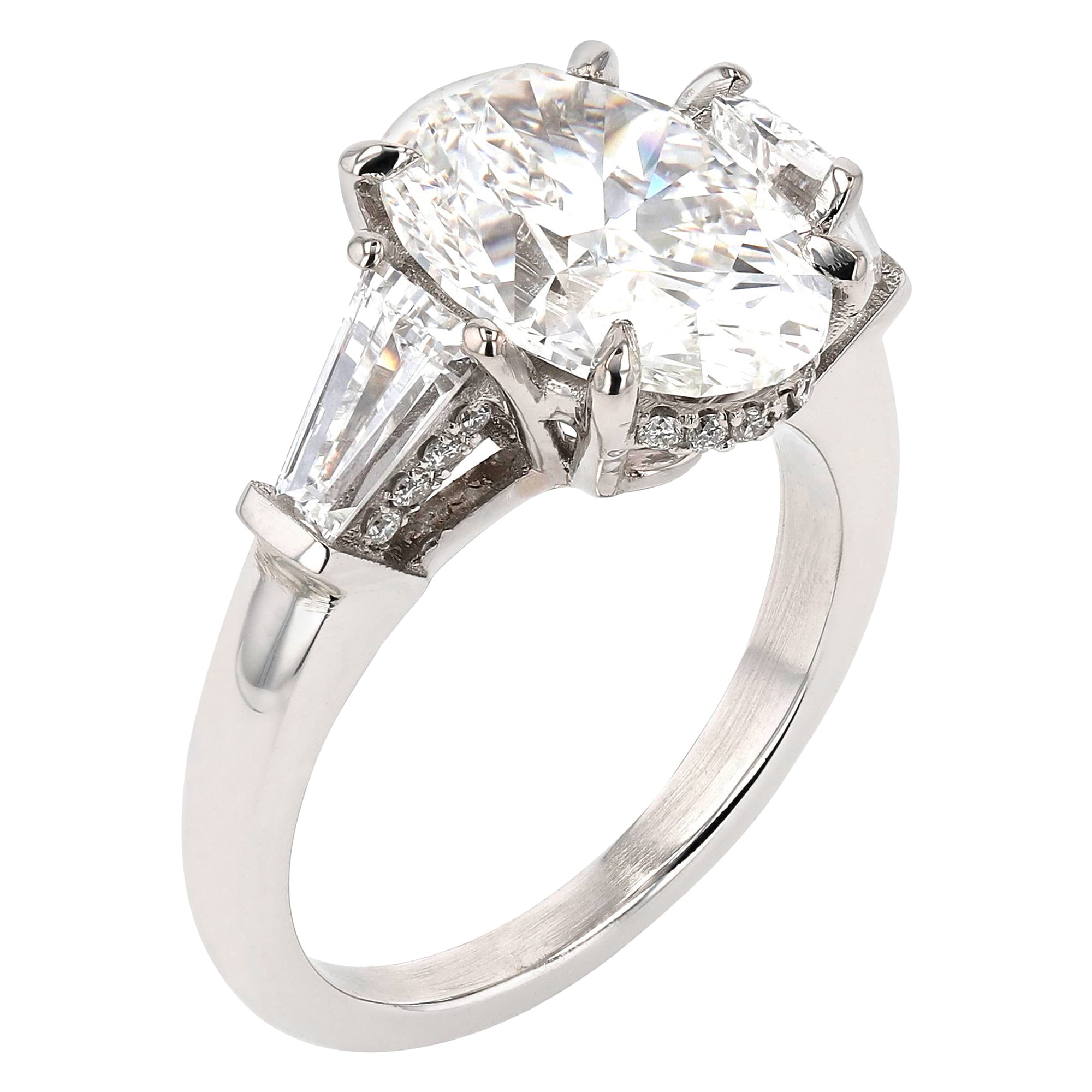 Three Stone Oval Taper Baguette Side Stone Ring 4.06Ct