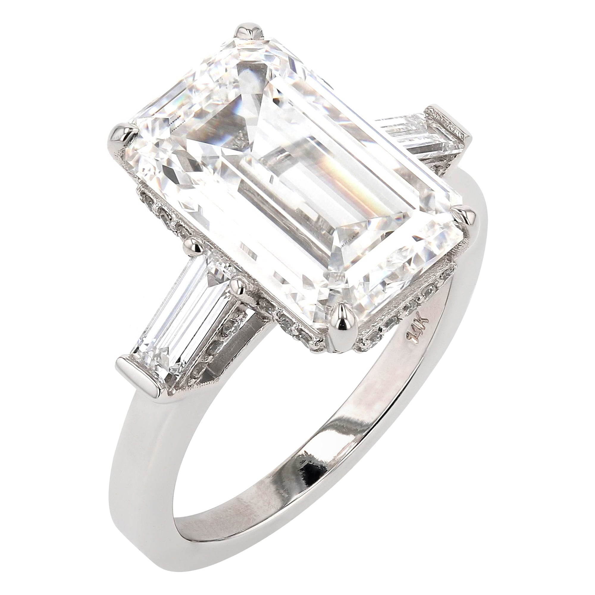 Three Stone Emerald Baguette Side Stone Ring 7.02Ct