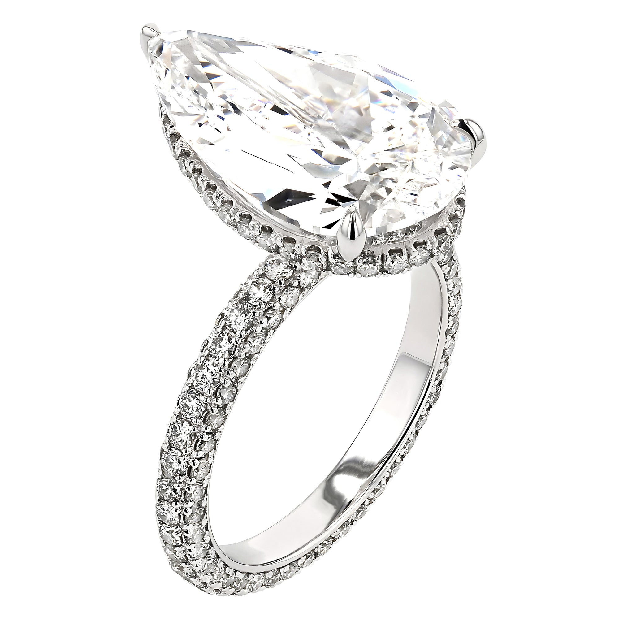 Pear Solitare Three Row Pave Ring 7.01Ct