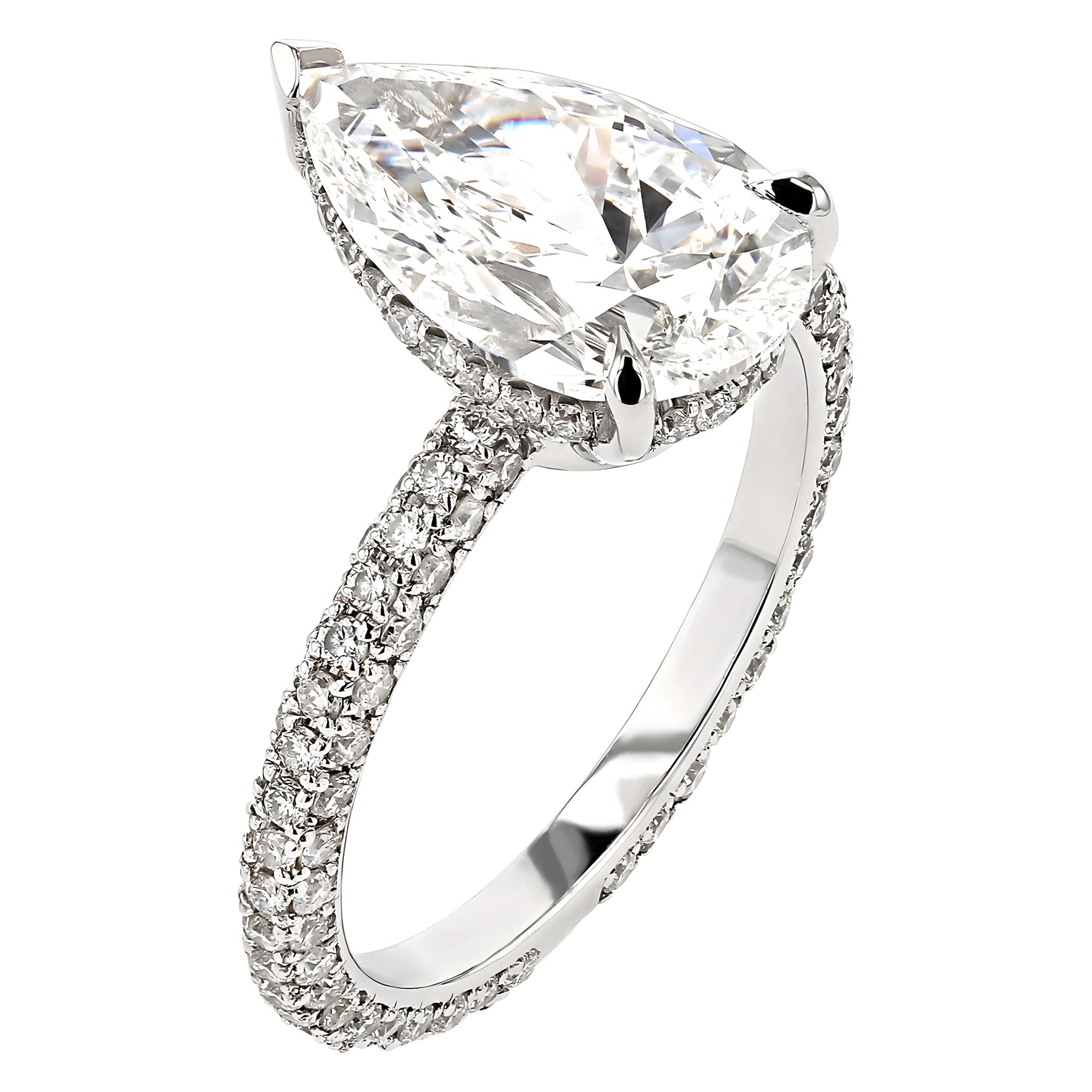 Pear Solitare Three Row Pave Ring 3.01Ct