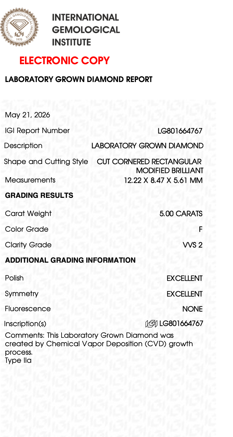 5.00 Ct Radiant Cut — F Color, VVS2 Clarity