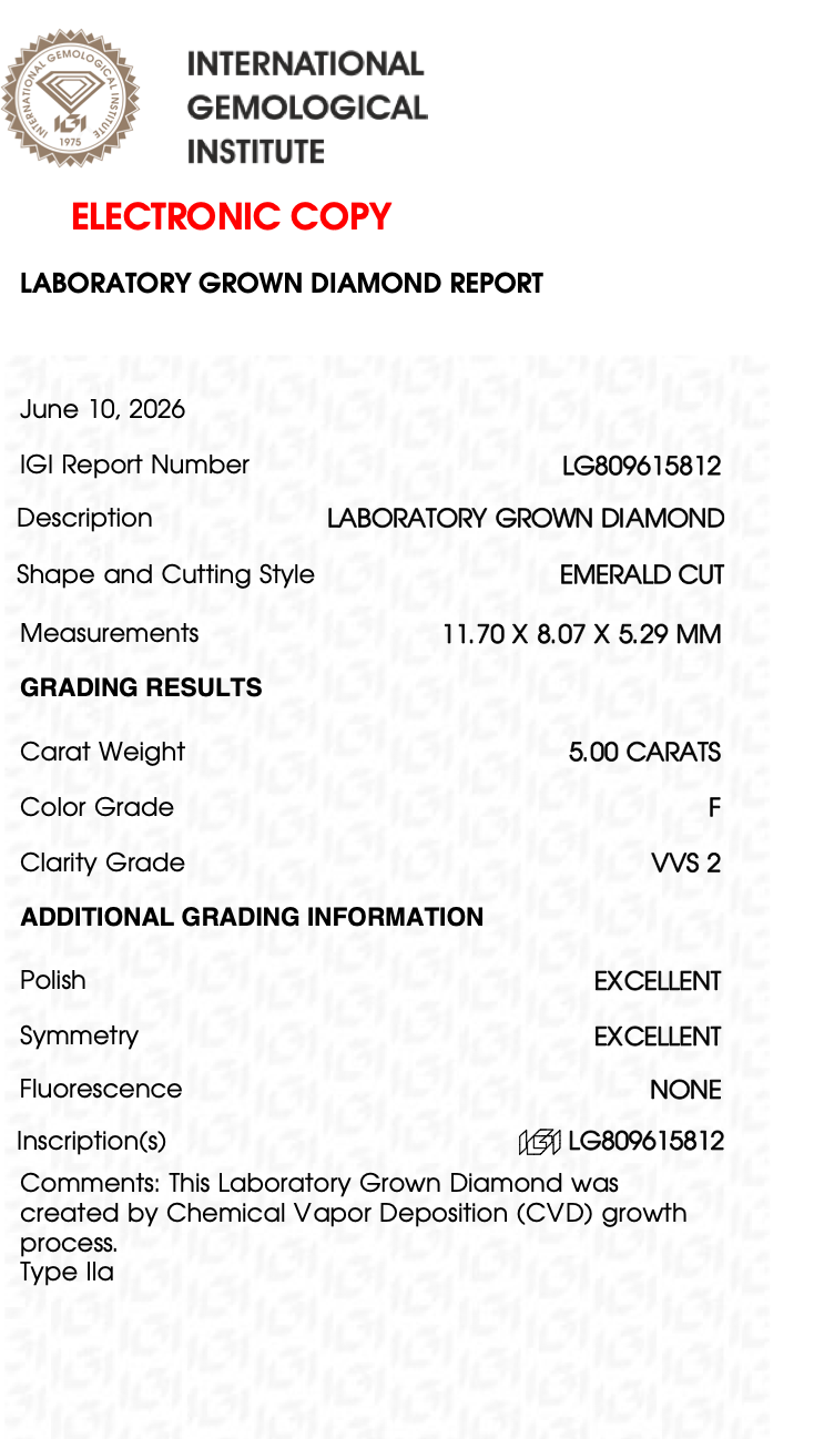 5.00 Ct Emerald Cut  — F Color, VVS2 Clarity