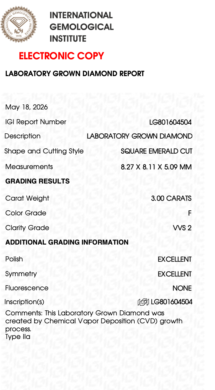 3.00 Ct Asscher Cut  — F Color, VVS2 Clarity