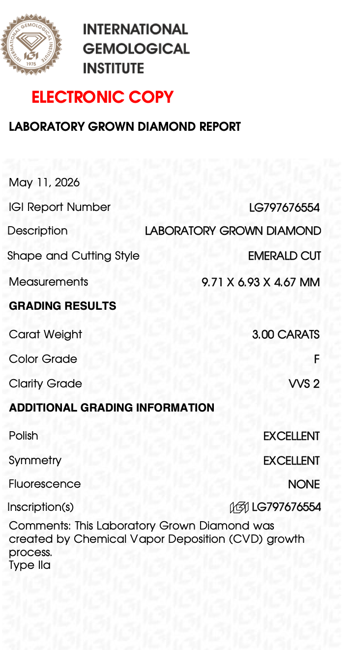 3.00 Ct Emerald Cut  — F Color, VVS2 Clarity