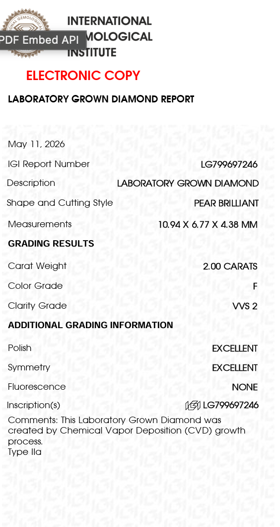 2.00 Ct Pear Cut  — F Color, VVS2 Clarity