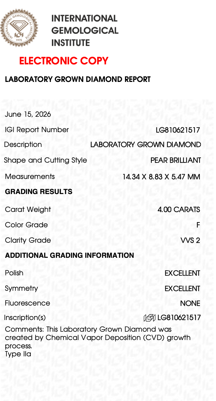 4 CT Pear Cut- Color F, VVS2 Clarity