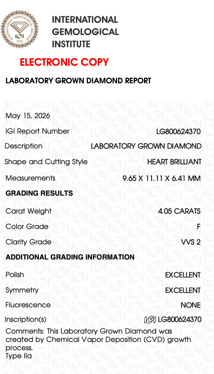 4.05 CT Heart Cut Diamond- Color F, VVS2 Clarity