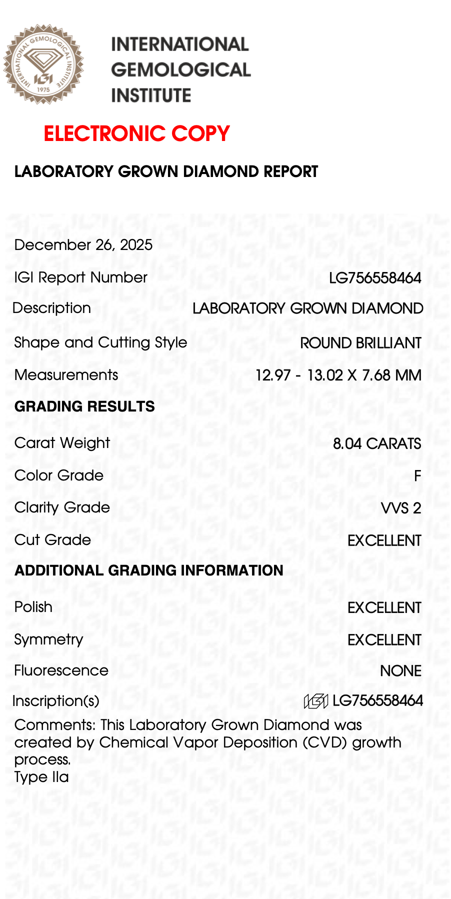 8.04ct Round Diamond- Color  F VVS2 EX EX EX None
